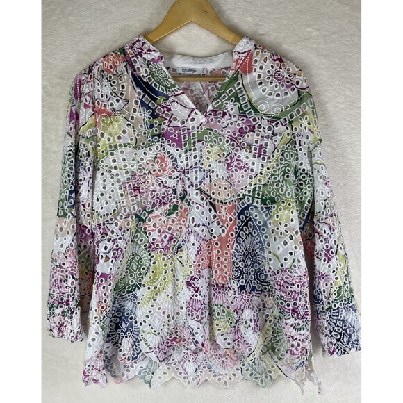 Chicos KALMIA Eyelet Modern Bloom Balloon Sleeve Top LS Woven Pattern 2 US 12 - Picture 1 of 15